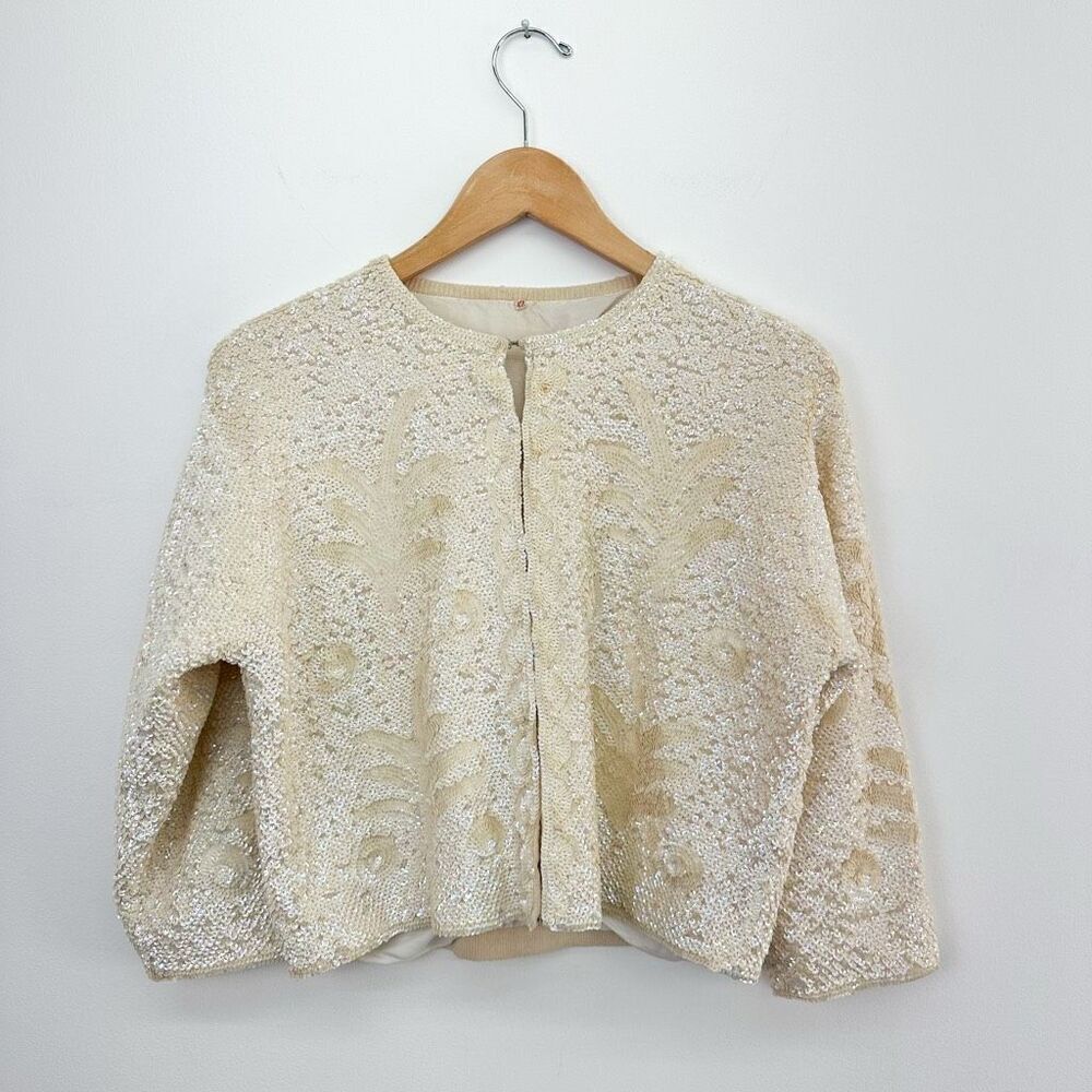 Vintage 50s 60s All Over Iridescent Sequin Art Deco Inspired 3/4 Sleeve Cropped